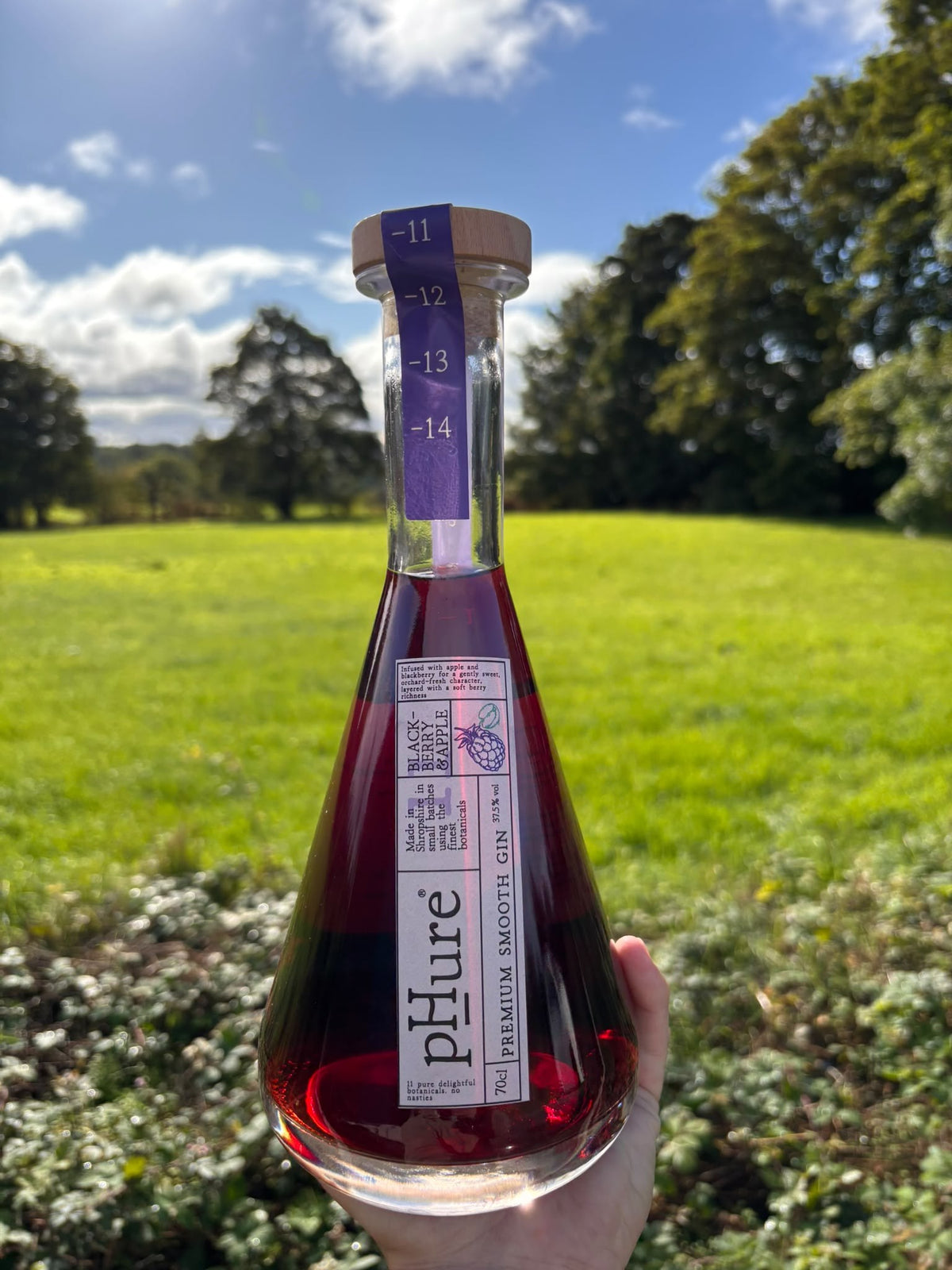 A pHure Blackberry & Apple bottle held up in open parkland