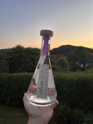 pHure Pink Peppercorn Gin held against the hills at dusk